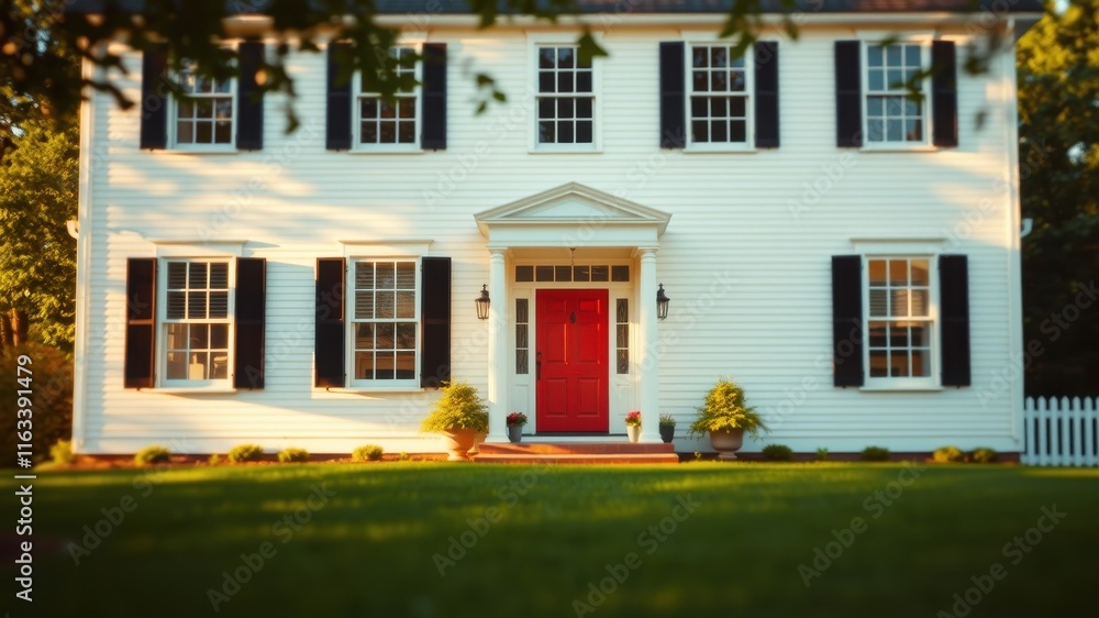 Fototapeta premium Classic White House with Vibrant Red Door and Lush Green Lawn