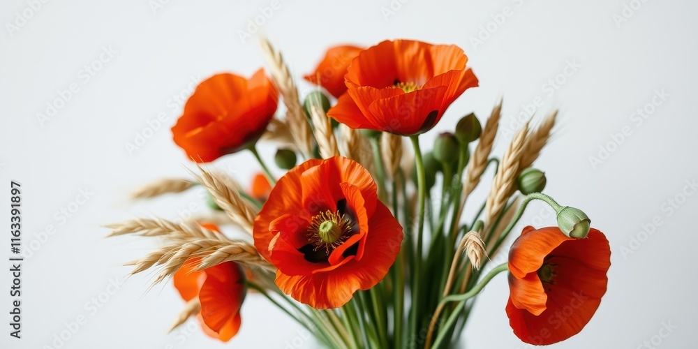 Vibrant orange poppies and golden wheat stalks arranged in a close-up floral bouquet against a simple white backdrop. Vibrant orange poppies and golden wheat stalks arranged in a close-up floral bouquet against a simple white backdrop.