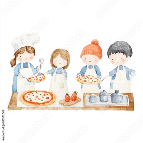 a group of kids cooking pizza, fun kitchen scene, sketchy illustration, lively hues, isolated on white background