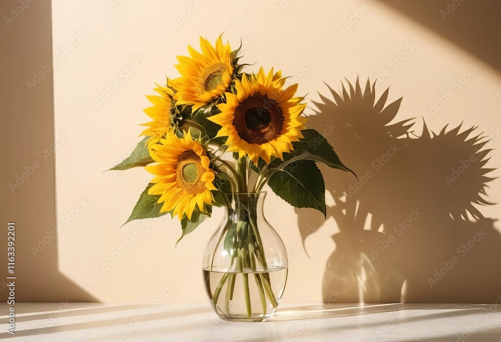 A close-up of a vase of sunflowers on a sunny day with shadows on the wall behind it