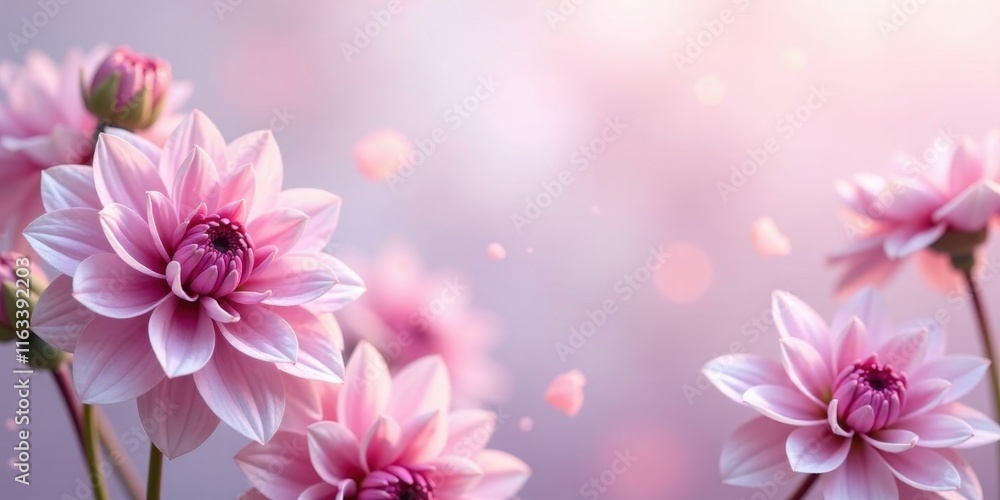 Fototapeta premium Delicate Pink Dahlias in Soft Focus with Floating Petals A Serene Floral Image