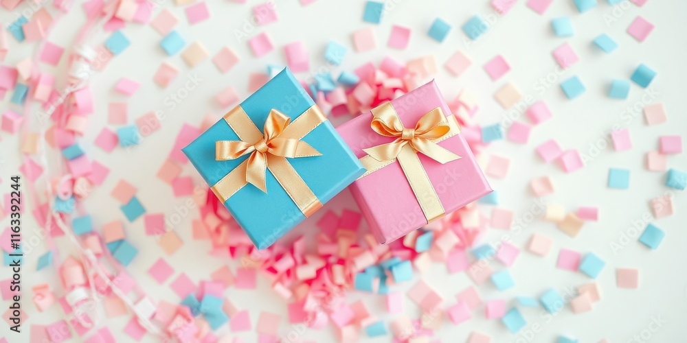 Two presents with gold ribbons amidst pastel confetti on a white background Two presents with gold ribbons amidst pastel confetti on a white background
