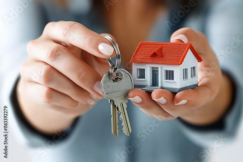 Close up photo of a female real estate agent holding keys and a house model.