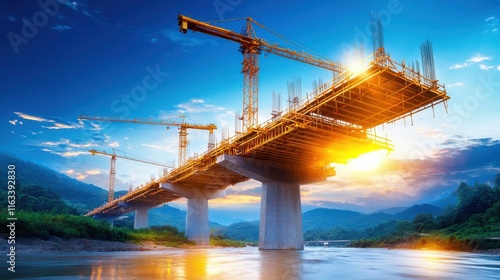 A massive bridge under construction with cranes and scaffolding over a river.