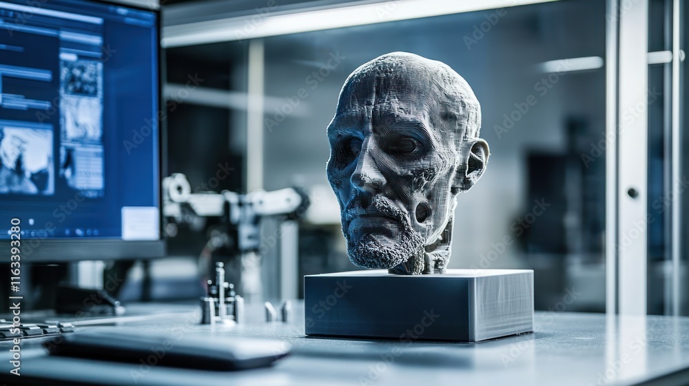 3D-printed human skull model on a lab table. 3D-printed human skull model on a lab table.