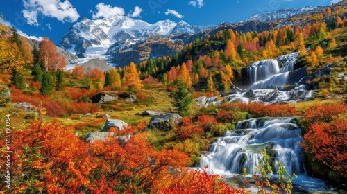 Autumnal waterfall cascading down mountainside, vibrant foliage, snow-capped peaks.