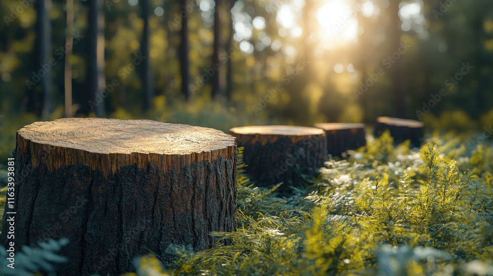 Fototapeta premium Row of freshly cut tree stumps in soft sunlight in a peaceful forest