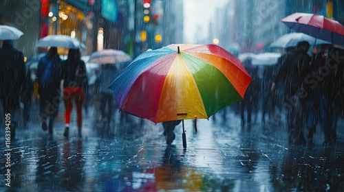 Wallpaper Mural A colorful umbrella opens in the middle of a crowded street its bright hues standing out against the gray rainy backdrop. People rush by some with their own umbrellas others huddled under jackets Torontodigital.ca