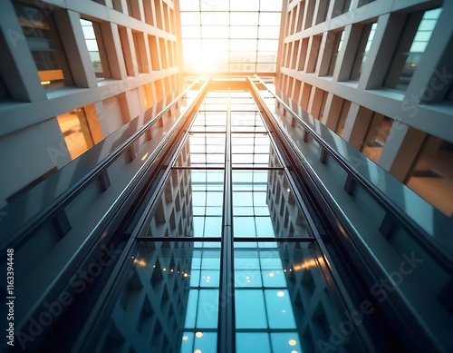 Modern sunlit glass elevator shaft inside a modern building with geometric glass windows abstract arhcitecture photo