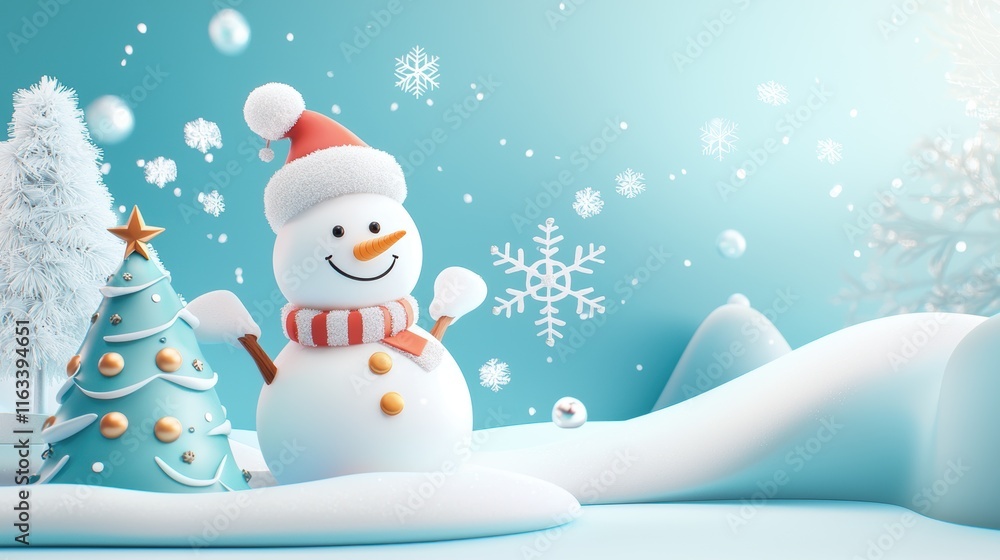A vibrant Christmas poster with a snowman and decorated tree, snowflakes falling in the background, cheerful on white