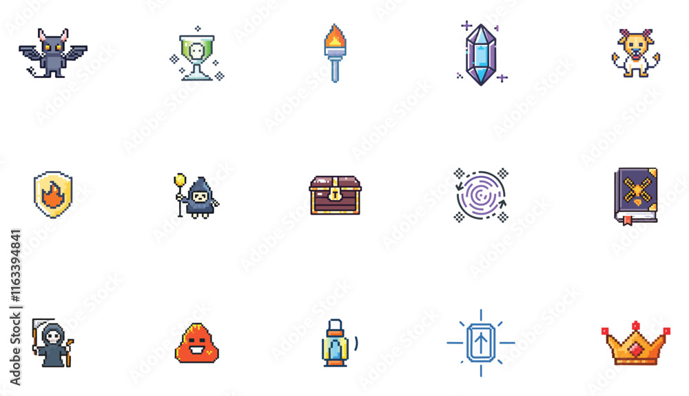 Extensive Pixelated Underworld Icon Set for Creative Game Assets, Logo Design, UI Elements, Fantasy Themes, Merchandising Graphics, and Unique Digital Illustrations Extensive Pixelated Underworld Icon Set for Creative Game Assets, Logo Design, UI Elements, Fantasy Themes, Merchandising Graphics, and Unique Digital Illustrations