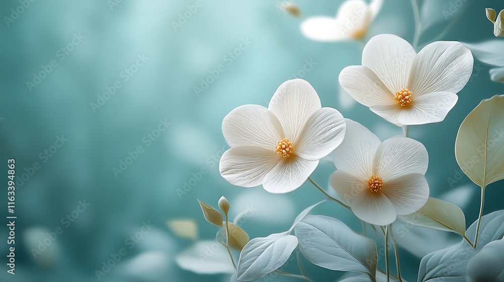Fototapeta premium Delicate White Flowers Against A Teal Background