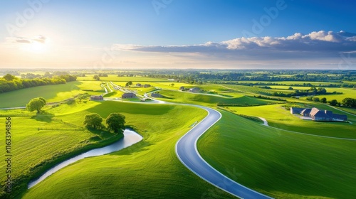 Aerial view of a large-scale new construction project surrounded by green fields. photo