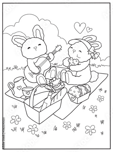 coloring book page, two cute bunnies enjoy a picnic playing guitar and eat cupcake