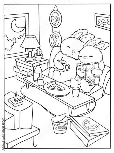 coloring book page cozy night in with two bunnies on a couch, enjoying drinks and watch tv