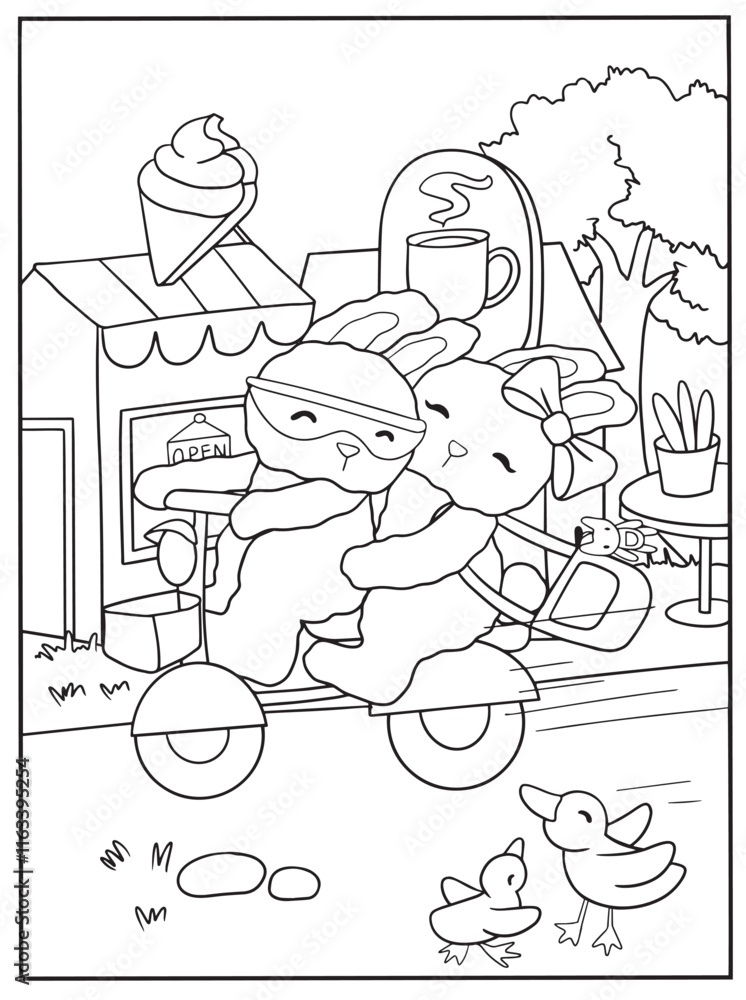 Obraz premium coloring book page two cute rabbits riding a scooter in front of an ice cream shop, with ducks and trees in the background.