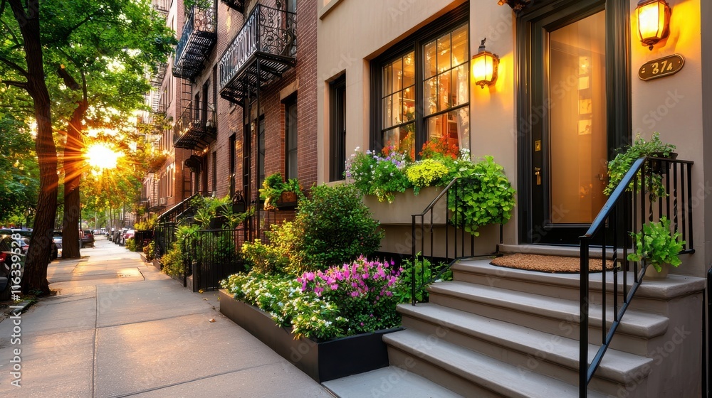 Fototapeta premium Charming apartment building exterior with a well-maintained entrance and balcony gardens.