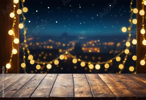 Wallpaper Mural A wooden table with a window in the background, with a view of city lights and golden string lights hanging in front of the window. Torontodigital.ca