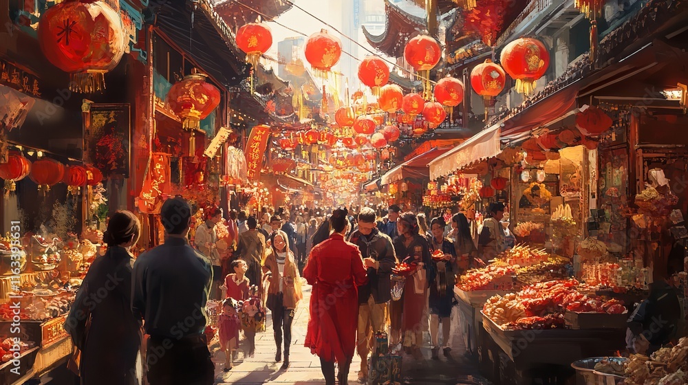 Naklejka premium A Bustling Chinese Marketplace Filled with Red Lanterns and Festive Decorations