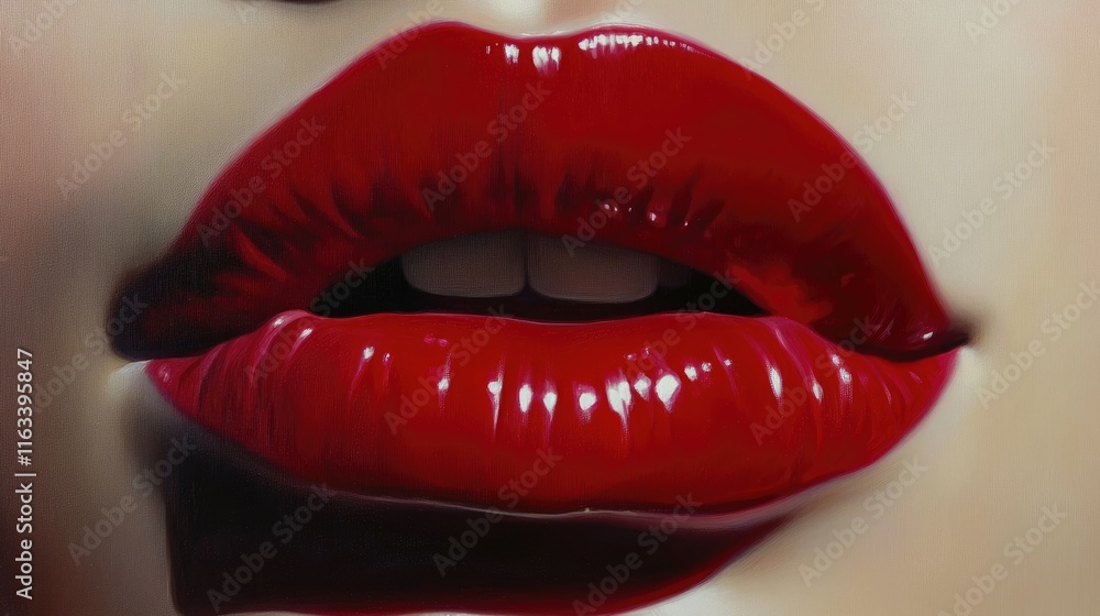 Obraz premium Close-up of glossy red lips with a hint of teeth, emphasizing beauty and allure.