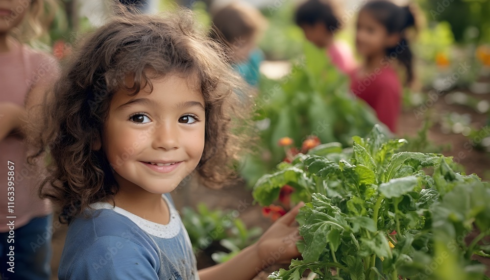 Smiling Little Girl Gardening with Friends Smiling Little Girl Gardening with Friends