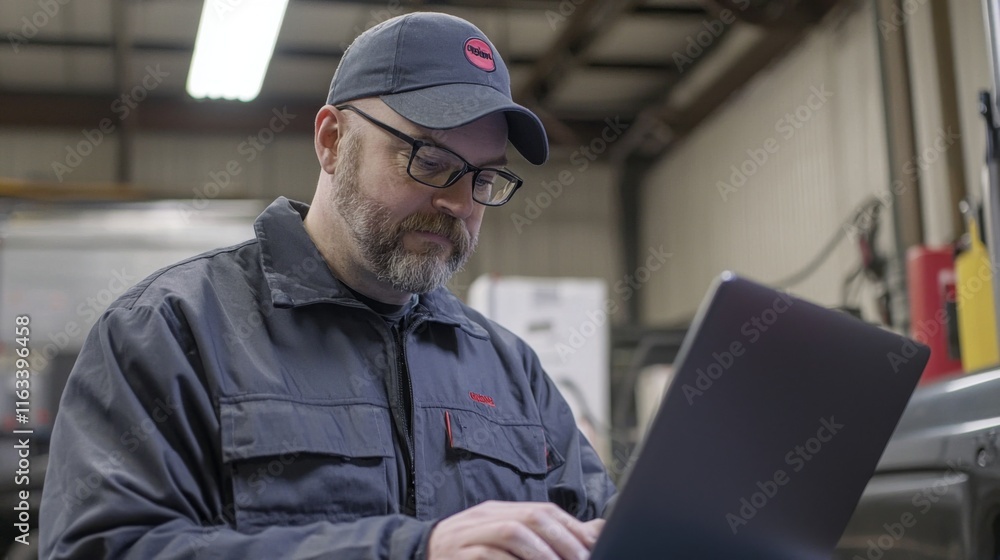 Focused Technician Working on Laptop in Industrial Workshop Focused Technician Working on Laptop in Industrial Workshop