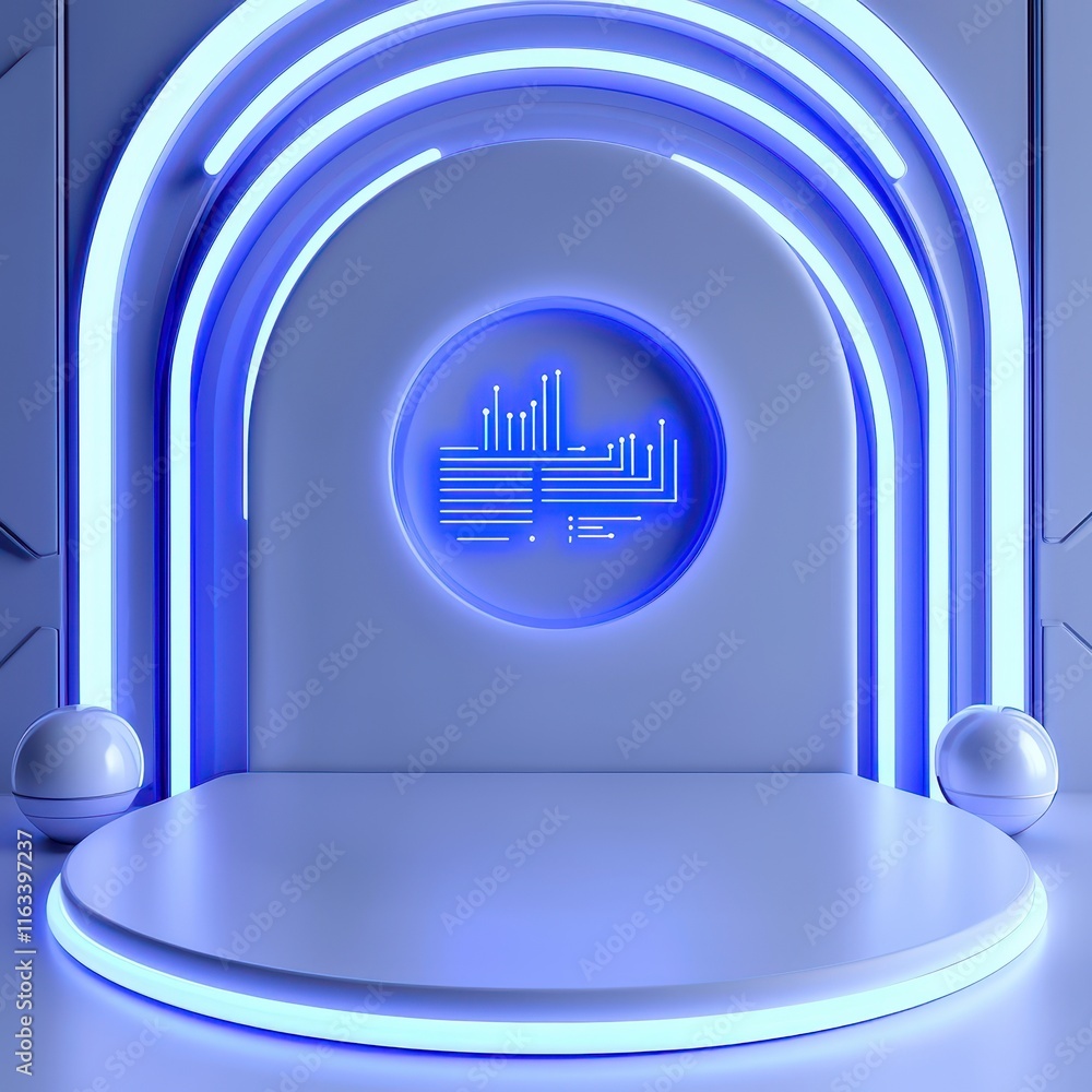 Fototapeta premium Modern futuristic design with blue neon lights and a circular display.