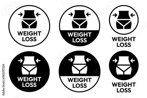 Weight loss icon set. Slim and diet health care services. Weight loss logo, label, badge, symbol, banner, line, flat vector, isolated illustration. Weight loss label for product packaging design.