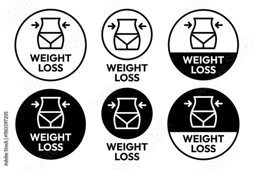 Weight loss icon set. Slim and diet health care services. Weight loss logo, label, badge, symbol, banner, line, flat vector, isolated illustration. Weight loss label for product packaging design.