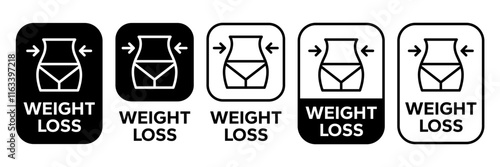 Weight loss icon set. Slim and diet health care services. Weight loss logo, label, badge, symbol, banner, line, flat vector, isolated illustration. Weight loss label for product packaging design.