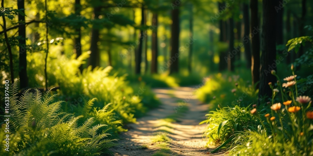 Fototapeta premium Sunlit Woodland Path with Lush Ferns and Blooming Flowers