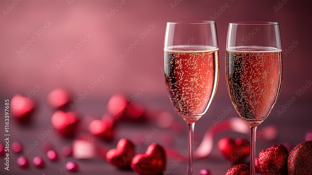 Two Glasses Of Rose Champagne With Hearts Two Glasses Of Rose Champagne With Hearts