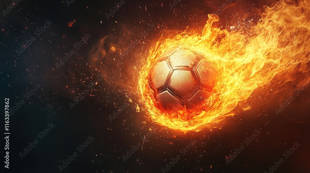 Fototapeta premium Flaming soccer ball in motion, fiery trail.