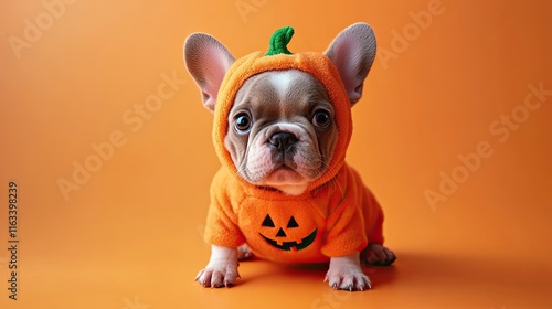 A French bulldog puppy dressed in a pumpkin costume poses against an orange background, celebrating Halloween, fall festivities, and adorable pet costumes for seasonal fun photo