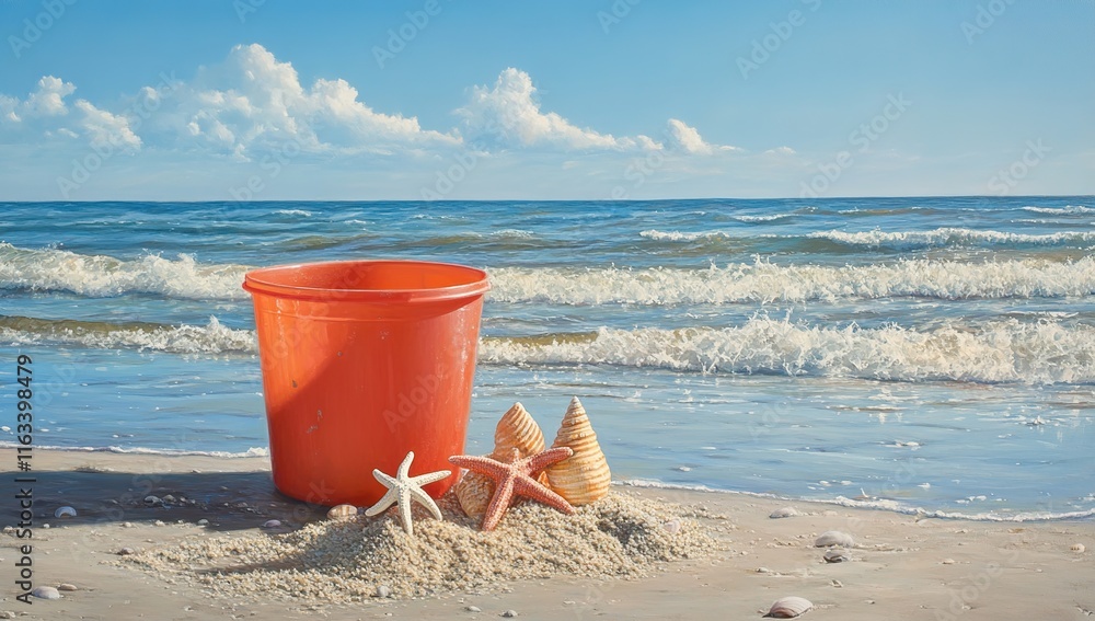Seashells and Summer Bucket on the Beach Seashells and Summer Bucket on the Beach