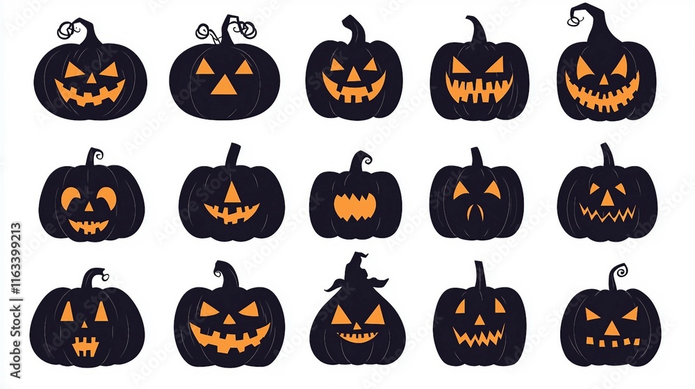 Collection of Various Halloween Pumpkins with Unique Expressions Collection of Various Halloween Pumpkins with Unique Expressions