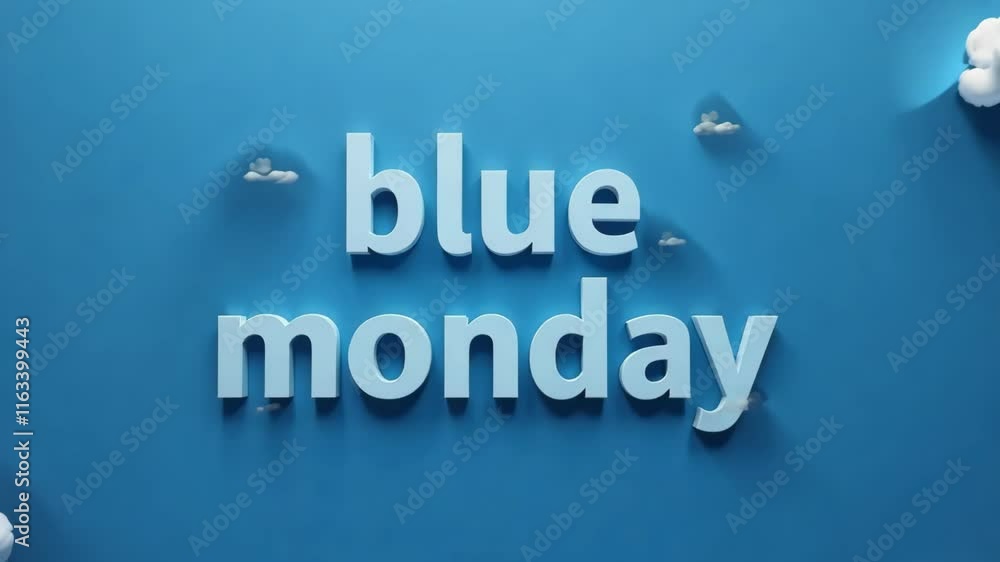 Blue Monday text on a vibrant blue background with fluffy white clouds, symbolizing melancholy, calm, and introspection Blue Monday text on a vibrant blue background with fluffy white clouds, symbolizing melancholy, calm, and introspection