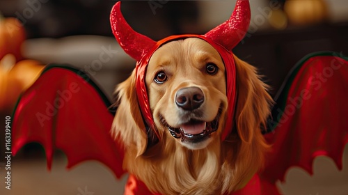 A golden retriever dog, dressed in a devil costume with bat wings, poses adorably for Halloween. This playful and humorous costume brings a festive spirit to the season, making the pup the star of tri photo