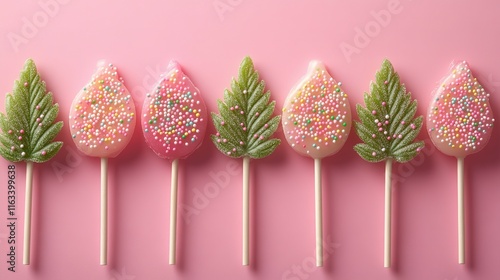 Pink and Green Leaf Shaped Lollipops on Pink Background photo