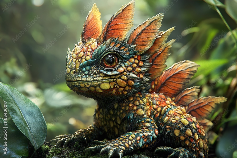A Colorful Fantasy Lizard in Lush Green Foliage A Colorful Fantasy Lizard in Lush Green Foliage