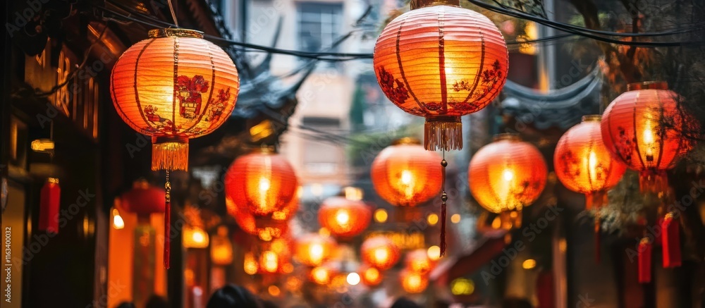Illuminated Chinese lanterns hang in a festive street scene. Illuminated Chinese lanterns hang in a festive street scene.