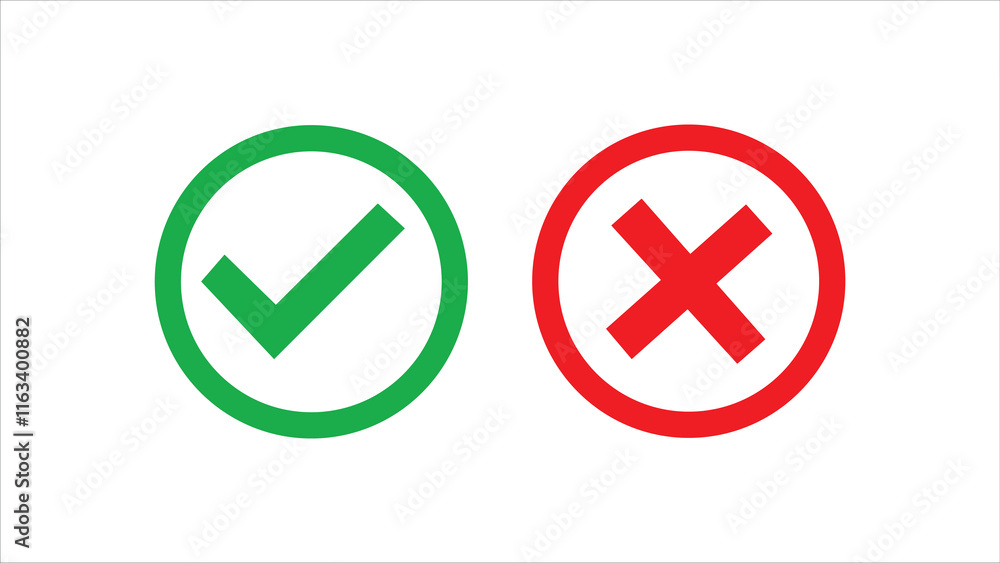 Green and Red check mark icon. Isolated checkmark symbol, approval and Decline, right and wrong sign concept. Green and Red check mark icon. Isolated checkmark symbol, approval and Decline, right and wrong sign concept.