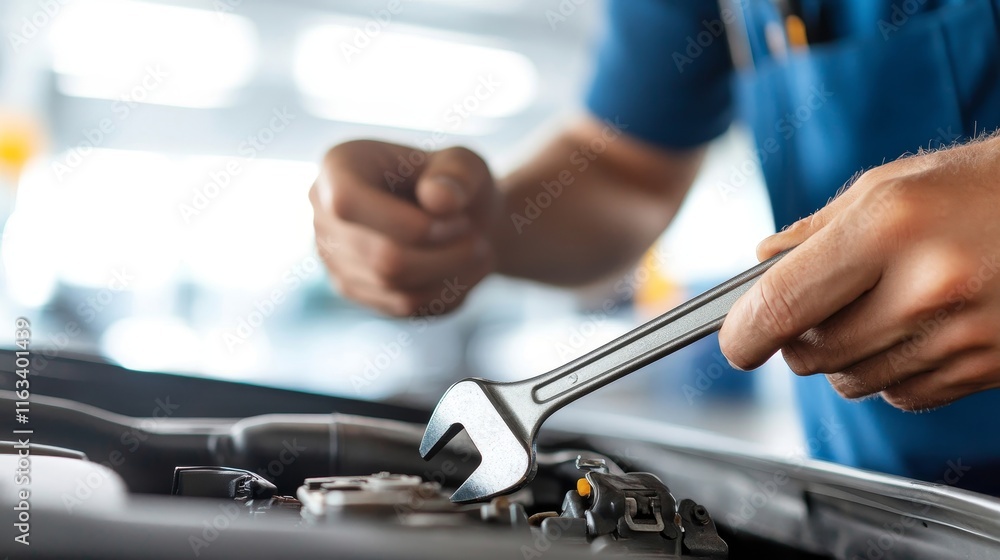 A mechanic is working on a car engine with a wrench A mechanic is working on a car engine with a wrench