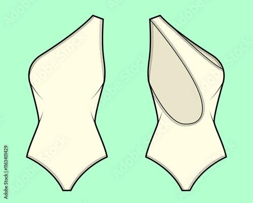 One Shoulder Swimsuit ecru colour flat sketch outline for beachwear and swimwear.