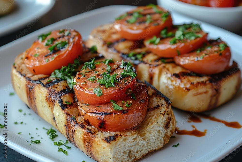 Grilled bruschetta with tomatoes and herbs resting on white plate Grilled bruschetta with tomatoes and herbs resting on white plate