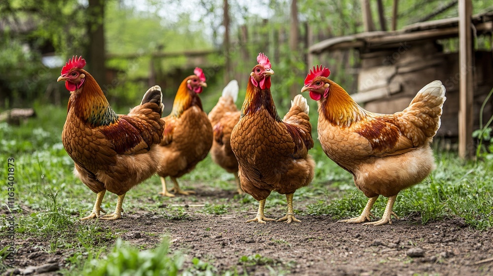 Fototapeta premium Four hens and rooster in a rural farm setting