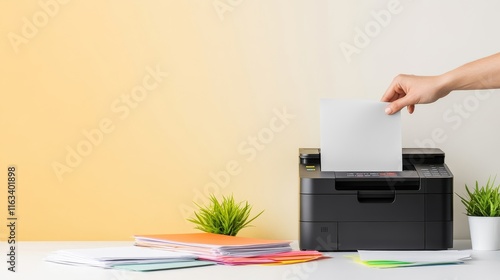 A person is holding a piece of paper and putting it into a printer