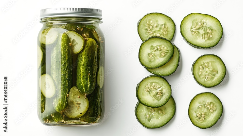Pickled gherkins and sliced cucumber displayed on white background