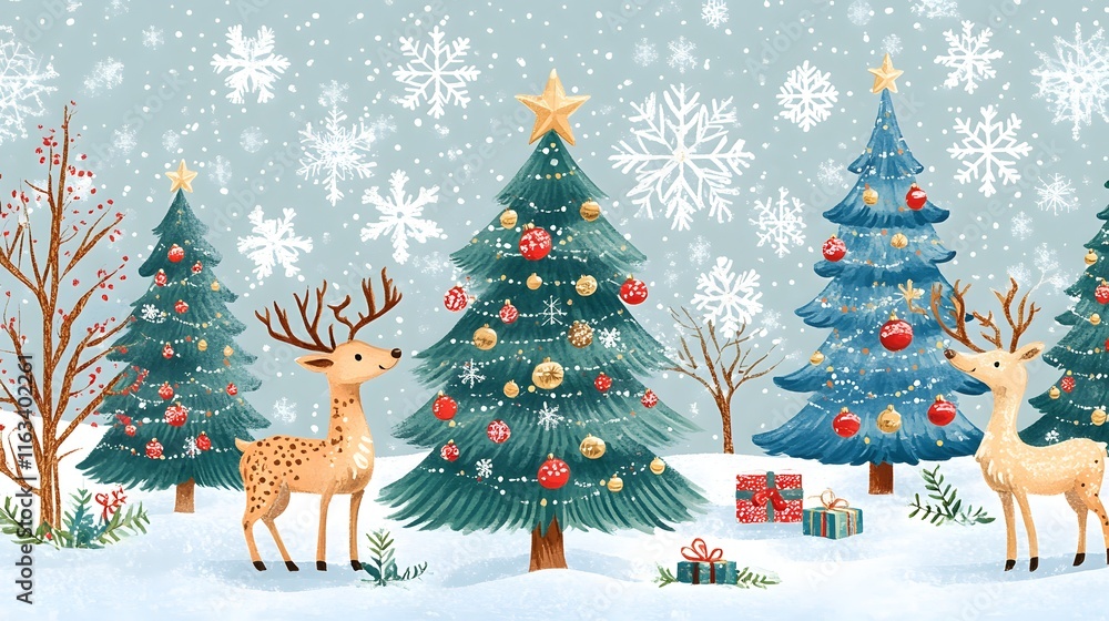 Reindeer and Christmas Trees in a Snowy Winter Wonderland Reindeer and Christmas Trees in a Snowy Winter Wonderland