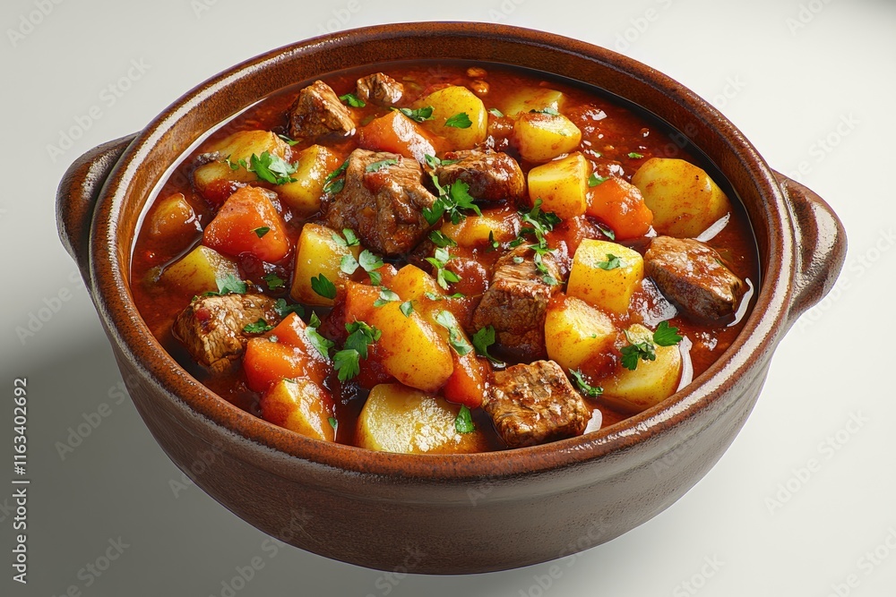 Delicious beef stew simmering in earthenware pot with potatoes and carrots Delicious beef stew simmering in earthenware pot with potatoes and carrots